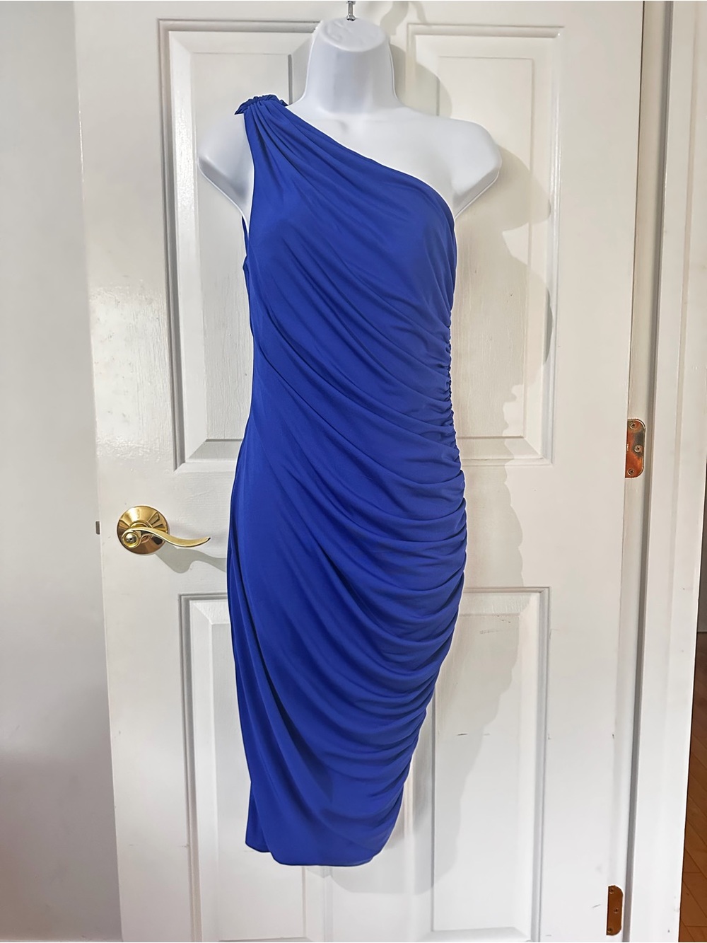 PattyBoutik One-Shoulder Cobalt Blue Ruched Dress